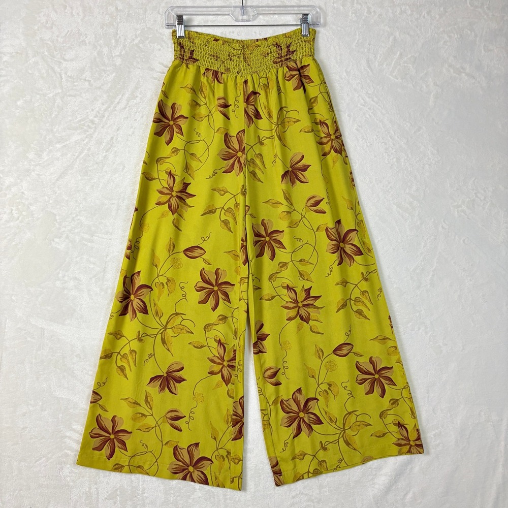 Sundance Himari Wide Leg Pants Womens PXS Lemon Floral‎ Smocked High Rise
